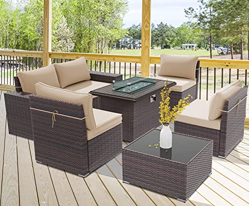 RTDTD Outdoor Patio Furniture Set with Propane Fire Pit Table, 7 Pieces Outdoor Furniture Patio