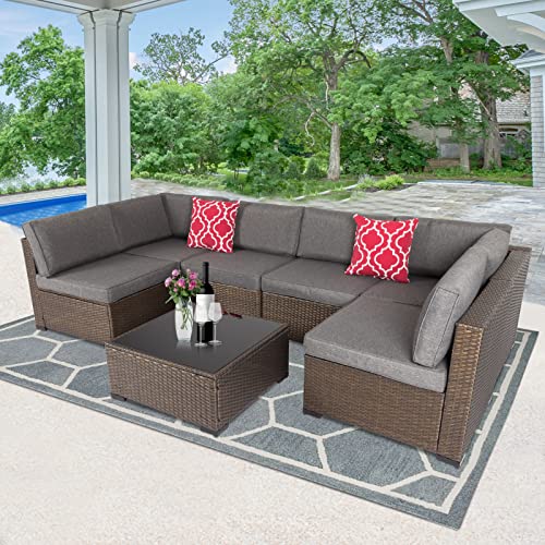 FIZZEEY 7 PCs Outdoor Patio Furniture PE Wicker Rattan Sectional Conversation Sofa Set